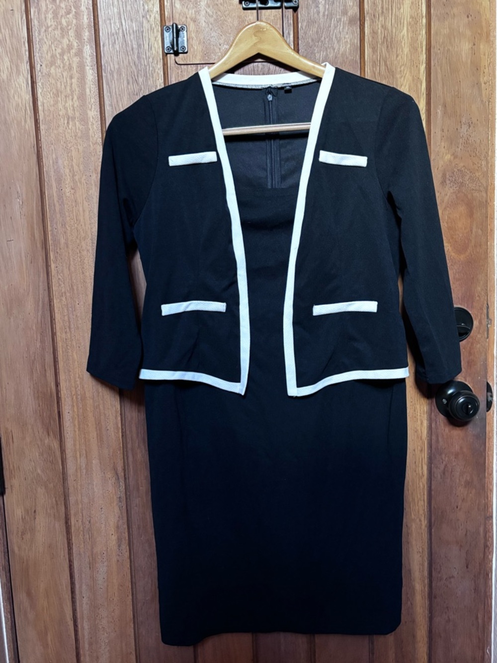 Classic Black Dress with White Trim Built in Faux Blouse